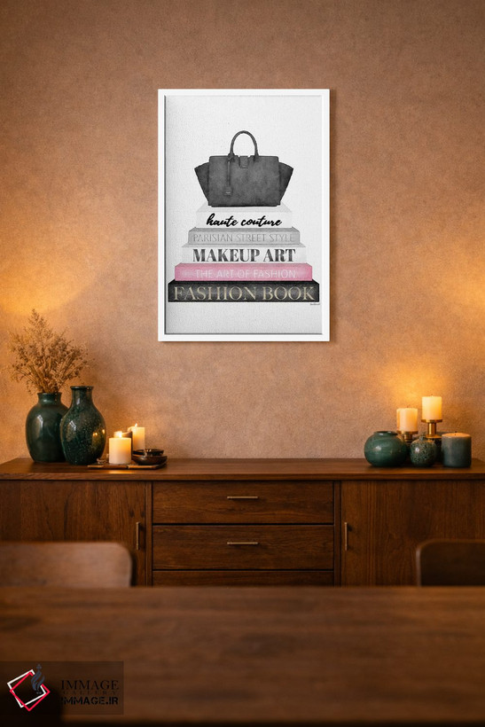تابلو دکوراتیو Black Bag,کتاب های خاکستری با صورتی و کیف مشکی اثر آماندا گرینوود - D1W
