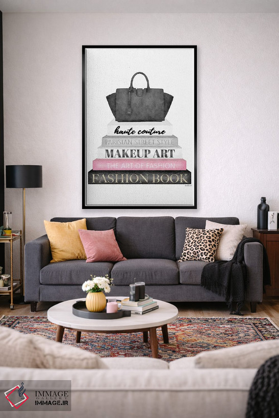 تابلو دکوراتیو Black Bag,کتاب های خاکستری با صورتی و کیف مشکی اثر آماندا گرینوود - D2B