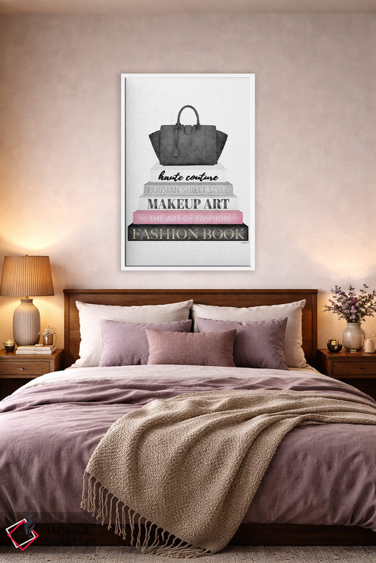 تابلو دکوراتیو Black Bag,کتاب های خاکستری با صورتی و کیف مشکی اثر آماندا گرینوود - D3W