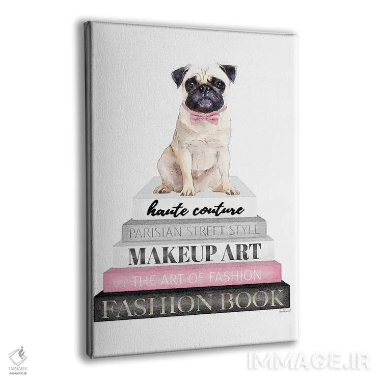 تابلو دکوراتیو Pug With Bow Tie,کتاب های خاکستری با صورتی و سگ پاگ با پ… اثر آماندا گرینوود - نمای پرسپکتیو محصول