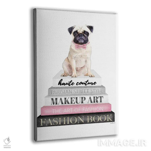 تابلو دکوراتیو Pug With Bow Tie,کتاب های خاکستری با صورتی و سگ پاگ با پ… اثر آماندا گرینوود - نمای پرسپکتیو محصول