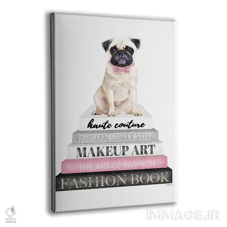 تابلو دکوراتیو Pug With Bow Tie,کتاب های خاکستری با صورتی و سگ پاگ با پ… اثر آماندا گرینوود - نمای پرسپکتیو محصول