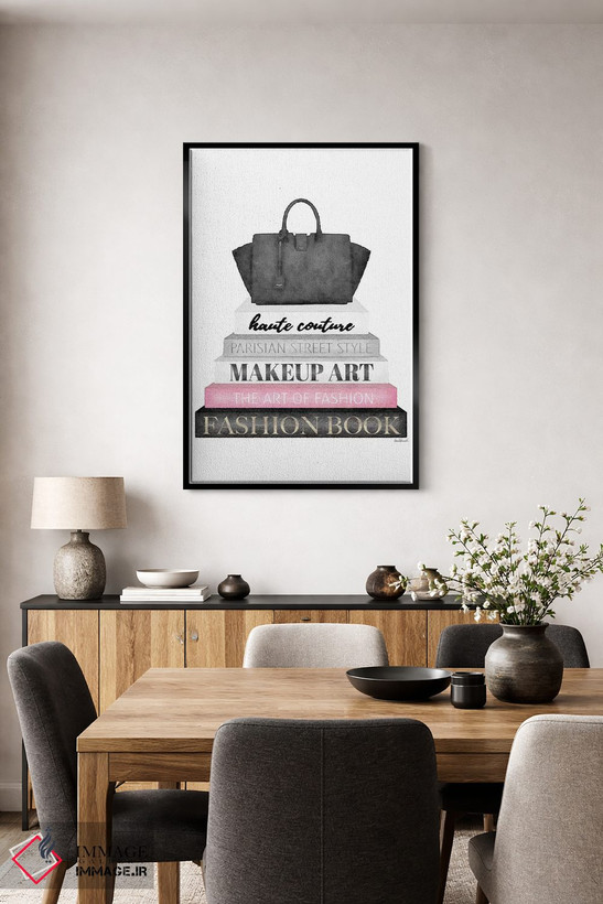 تابلو دکوراتیو Black Bag,کتاب های خاکستری با صورتی و کیف مشکی اثر آماندا گرینوود - D5B