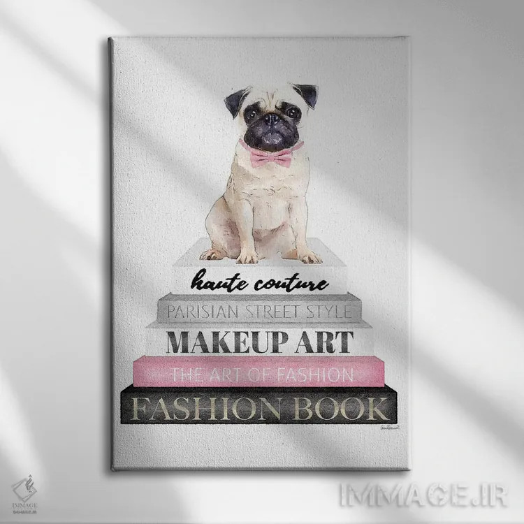 تابلو دکوراتیو Pug With Bow Tie,کتاب های خاکستری با صورتی و سگ پاگ با پ… اثر آماندا گرینوود - نمای روبهرو روی دیوار