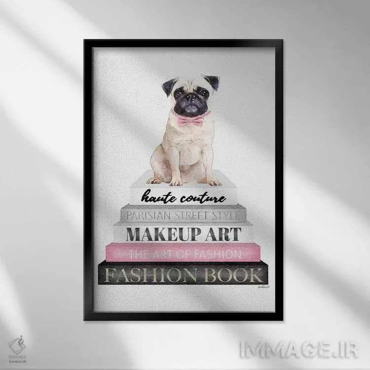 تابلو دکوراتیو Pug With Bow Tie,کتاب های خاکستری با صورتی و سگ پاگ با پ… اثر آماندا گرینوود - نمای قابدار مشکی