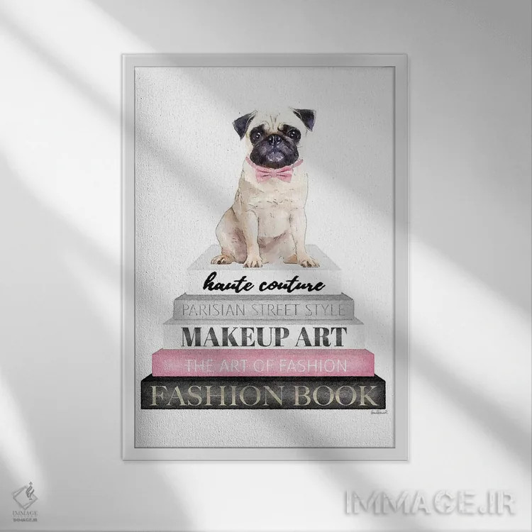 تابلو دکوراتیو Pug With Bow Tie,کتاب های خاکستری با صورتی و سگ پاگ با پ… اثر آماندا گرینوود - نمای قابدار سفید
