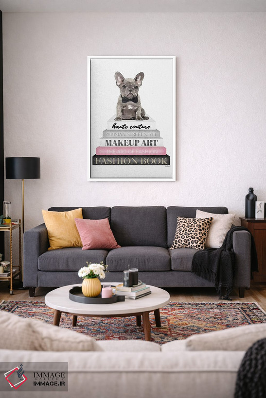 تابلو دکوراتیو Grey Frenchie, Bowtie,کتاب های خاکستری با صورتی، فرنچ بو… اثر آماندا گرینوود - D3W