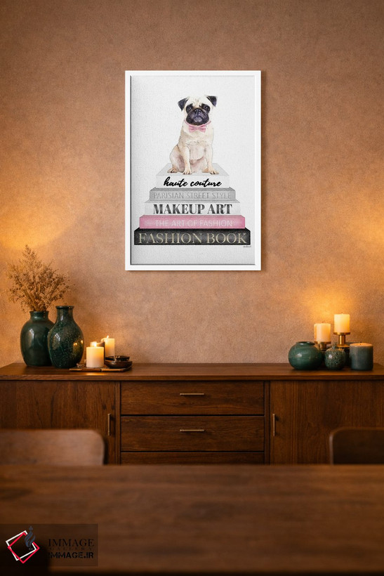 تابلو دکوراتیو Pug With Bow Tie,کتاب های خاکستری با صورتی و سگ پاگ با پ… اثر آماندا گرینوود - D1W