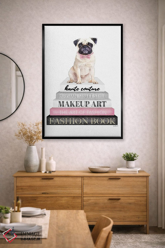 تابلو دکوراتیو Pug With Bow Tie,کتاب های خاکستری با صورتی و سگ پاگ با پ… اثر آماندا گرینوود - D2B
