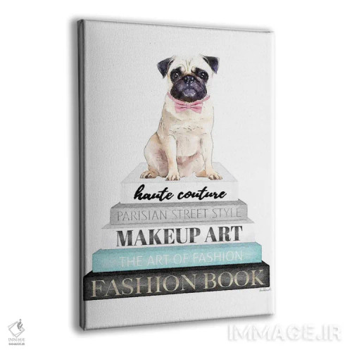 تابلو دکوراتیو Pug With Bow,کتاب های خاکستری با فیروزه ای و سگ پاگ با پ… اثر آماندا گرینوود - نمای پرسپکتیو محصول