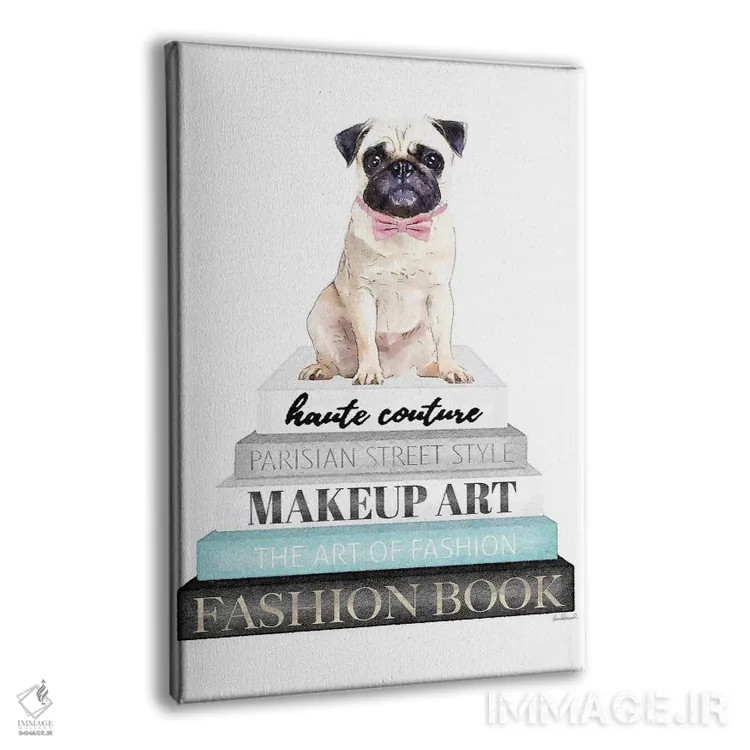 تابلو دکوراتیو Pug With Bow,کتاب های خاکستری با فیروزه ای و سگ پاگ با پ… اثر آماندا گرینوود - نمای پرسپکتیو محصول