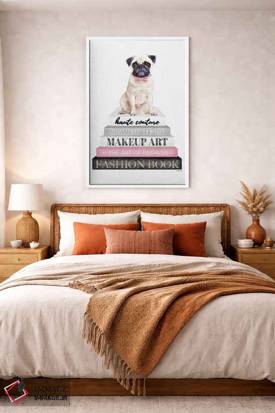 تابلو دکوراتیو Pug With Bow Tie,کتاب های خاکستری با صورتی و سگ پاگ با پ… اثر آماندا گرینوود - D3W