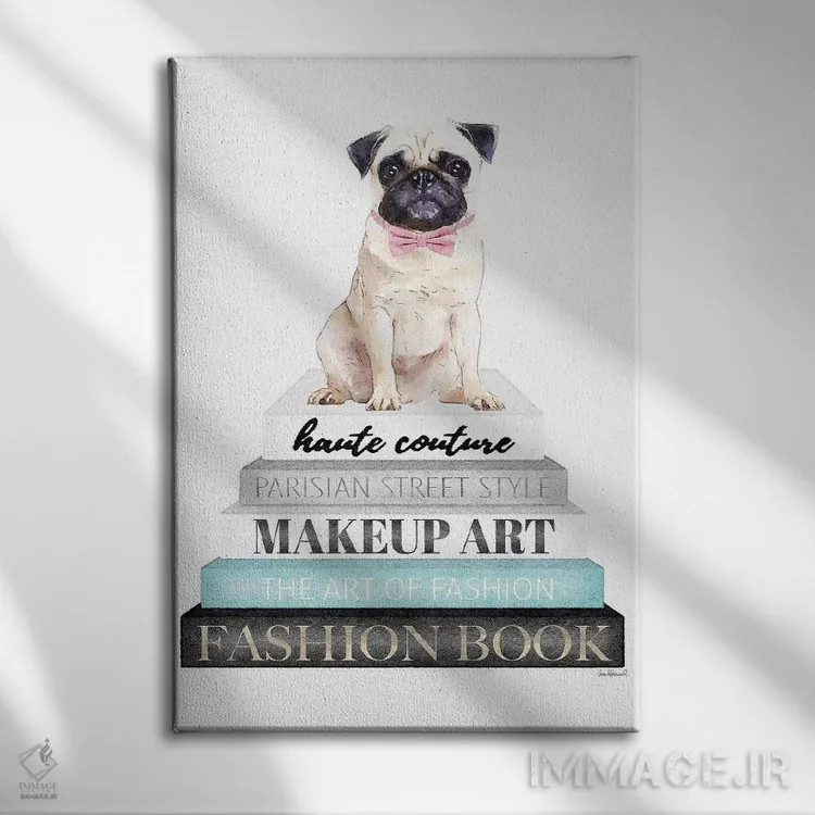 تابلو دکوراتیو Pug With Bow,کتاب های خاکستری با فیروزه ای و سگ پاگ با پ… اثر آماندا گرینوود - نمای روبهرو روی دیوار