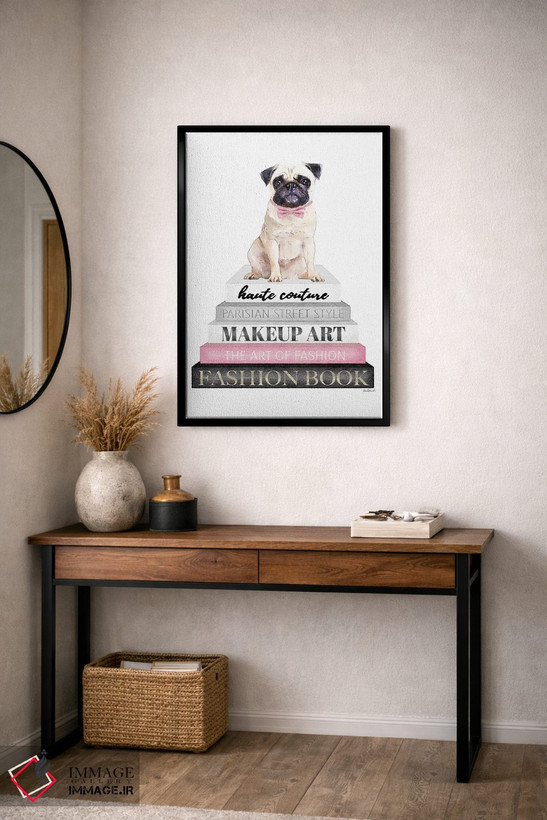 تابلو دکوراتیو Pug With Bow Tie,کتاب های خاکستری با صورتی و سگ پاگ با پ… اثر آماندا گرینوود - D5B