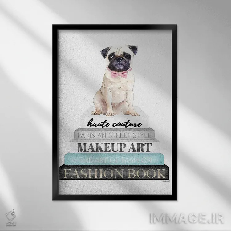 تابلو دکوراتیو Pug With Bow,کتاب های خاکستری با فیروزه ای و سگ پاگ با پ… اثر آماندا گرینوود - نمای قابدار مشکی
