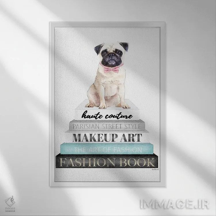 تابلو دکوراتیو Pug With Bow,کتاب های خاکستری با فیروزه ای و سگ پاگ با پ… اثر آماندا گرینوود - نمای قابدار سفید