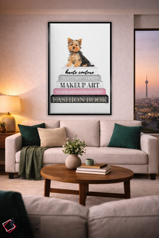 تابلو دکوراتیو Yorkie,کتاب های خاکستری با صورتی و سگ یورکی اثر آماندا گرینوود - D2B