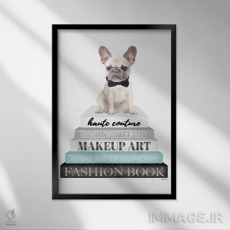 تابلو دکوراتیو White Frenchie,کتاب های خاکستری با فیروزه ای و فرنچ بولد… اثر آماندا گرینوود - نمای قابدار مشکی