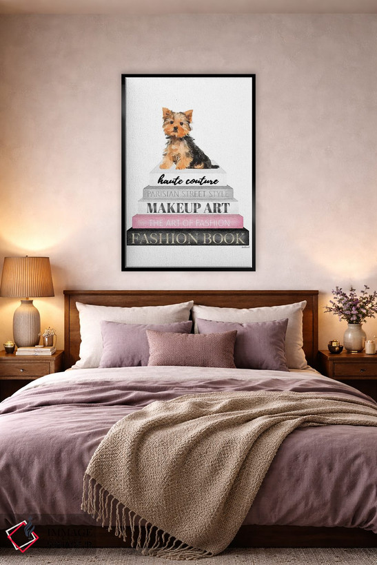 تابلو دکوراتیو Yorkie,کتاب های خاکستری با صورتی و سگ یورکی اثر آماندا گرینوود - D3B
