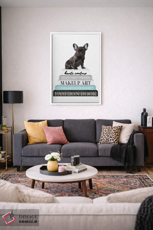 تابلو دکوراتیو Blk Frenchie,کتاب های خاکستری با فیروزه ای و فرنچ بولداگ… اثر آماندا گرینوود - D1W