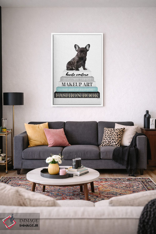 تابلو دکوراتیو Blk Frenchie,کتاب های خاکستری با فیروزه ای و فرنچ بولداگ… اثر آماندا گرینوود - D1W