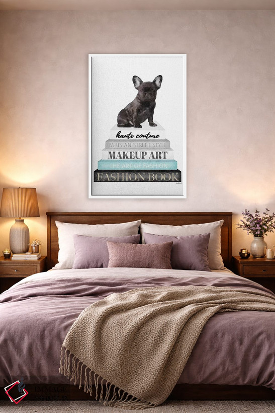 تابلو دکوراتیو Blk Frenchie,کتاب های خاکستری با فیروزه ای و فرنچ بولداگ… اثر آماندا گرینوود - D2W