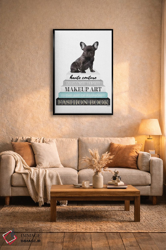 تابلو دکوراتیو Blk Frenchie,کتاب های خاکستری با فیروزه ای و فرنچ بولداگ… اثر آماندا گرینوود - D3B