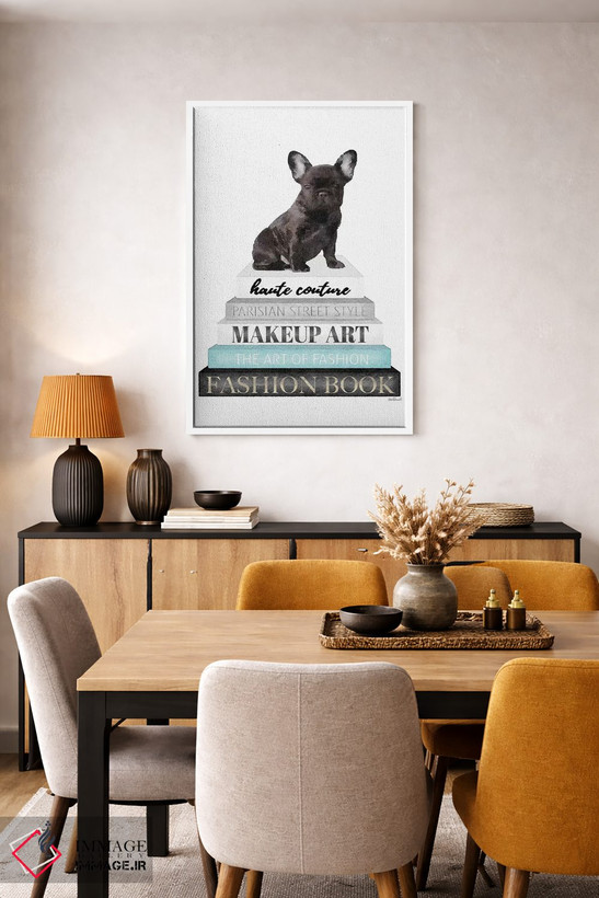 تابلو دکوراتیو Blk Frenchie,کتاب های خاکستری با فیروزه ای و فرنچ بولداگ… اثر آماندا گرینوود - D4W