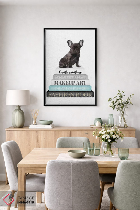 تابلو دکوراتیو Blk Frenchie,کتاب های خاکستری با فیروزه ای و فرنچ بولداگ… اثر آماندا گرینوود - D5B