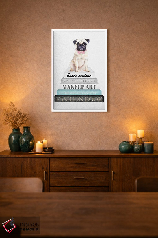 تابلو دکوراتیو Pug With Bow,کتاب های خاکستری با فیروزه ای و سگ پاگ با پ… اثر آماندا گرینوود - D1W
