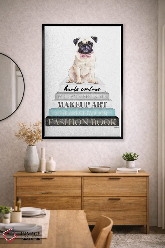 تابلو دکوراتیو Pug With Bow,کتاب های خاکستری با فیروزه ای و سگ پاگ با پ… اثر آماندا گرینوود - D2B