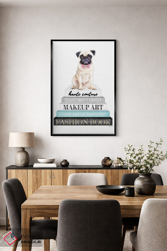 تابلو دکوراتیو Pug With Bow,کتاب های خاکستری با فیروزه ای و سگ پاگ با پ… اثر آماندا گرینوود - D5B