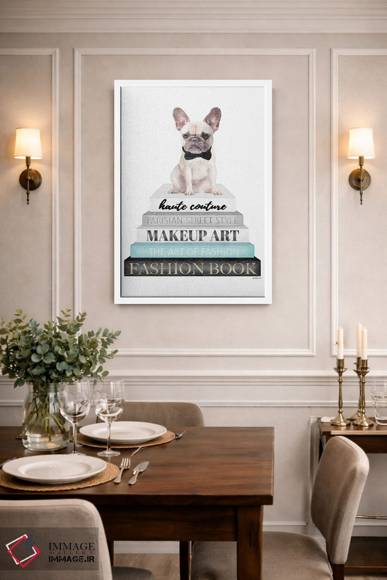 تابلو دکوراتیو White Frenchie,کتاب های خاکستری با فیروزه ای و فرنچ بولد… اثر آماندا گرینوود - D1W