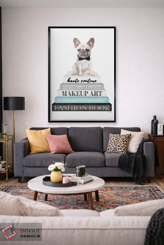 تابلو دکوراتیو White Frenchie,کتاب های خاکستری با فیروزه ای و فرنچ بولد… اثر آماندا گرینوود - D2B