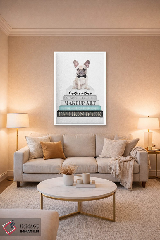 تابلو دکوراتیو White Frenchie,کتاب های خاکستری با فیروزه ای و فرنچ بولد… اثر آماندا گرینوود - D3W