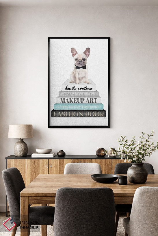 تابلو دکوراتیو White Frenchie,کتاب های خاکستری با فیروزه ای و فرنچ بولد… اثر آماندا گرینوود - D4B