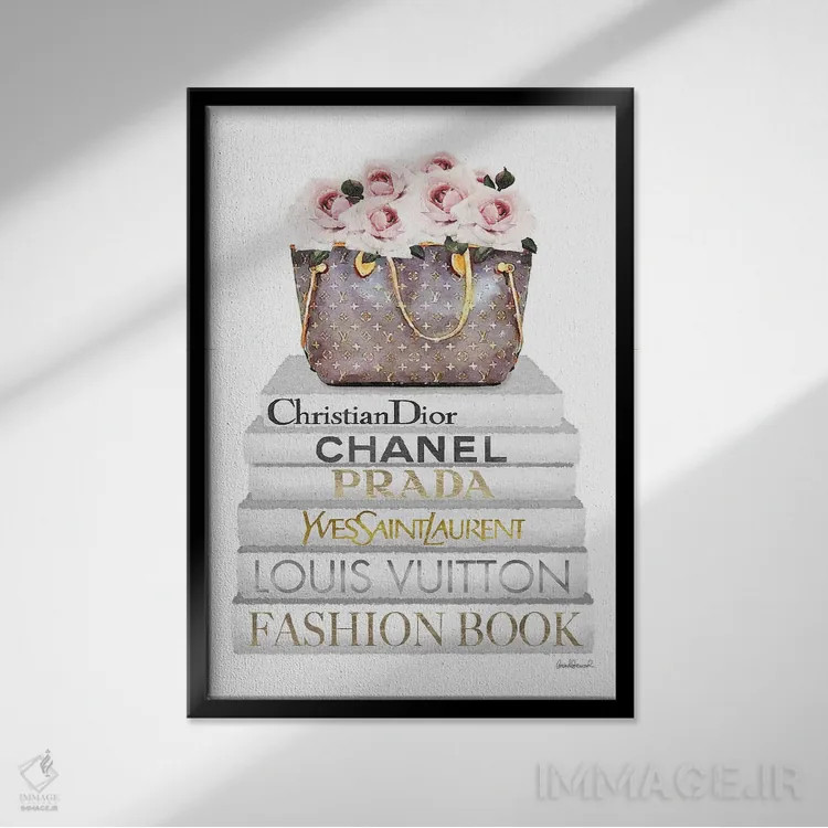 تابلو دکوراتیو Bag Filled With Roses,کتاب های سفید، کیف پر از گل رز اثر آماندا گرینوود - نمای قابدار مشکی