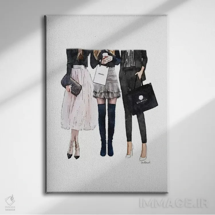 تابلو دکوراتیو سه دوست صمیمی مشکی و صورتی اثر آماندا گرینوود - نمای روبهرو روی دیوار