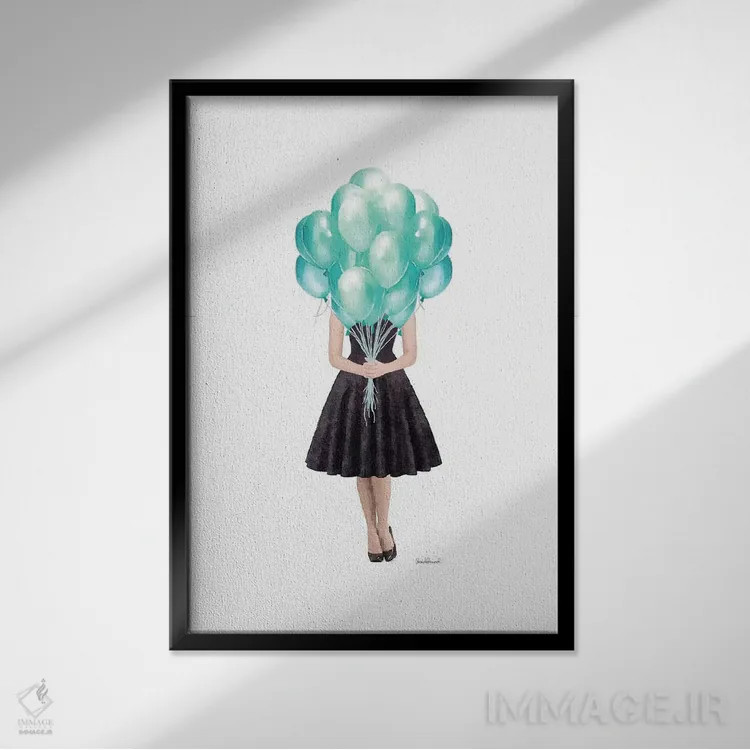 تابلو دکوراتیو Teal,آدری در حال نگه داشتن بادکنک، فیروزه ای اثر آماندا گرینوود - نمای قابدار مشکی