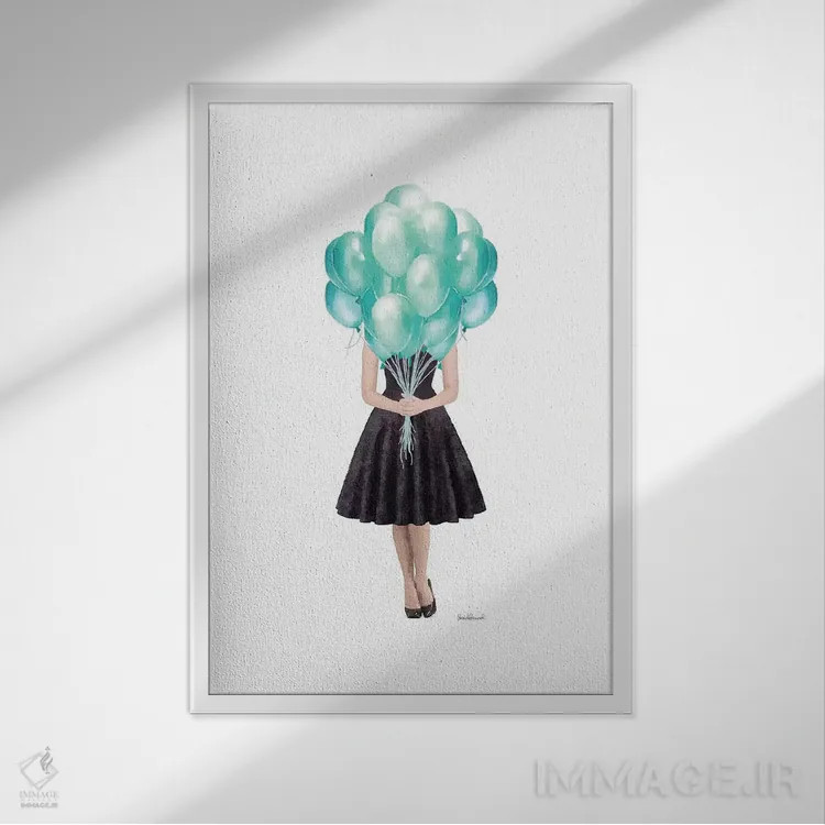 تابلو دکوراتیو Teal,آدری در حال نگه داشتن بادکنک، فیروزه ای اثر آماندا گرینوود - نمای قابدار سفید