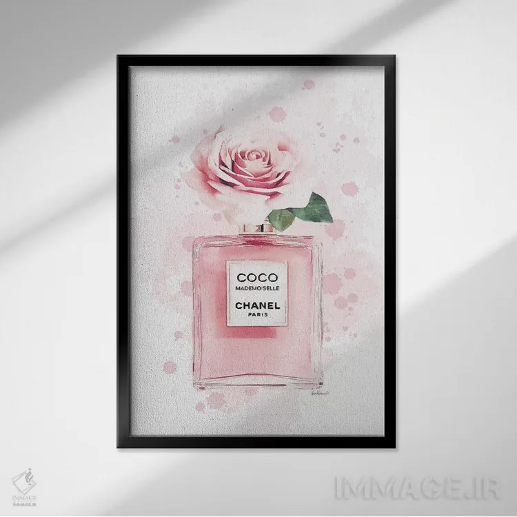 تابلو دکوراتیو گل رز روی عطر صورتی با پس زمینه نقاشی شده اثر آماندا گرینوود - نمای قابدار مشکی