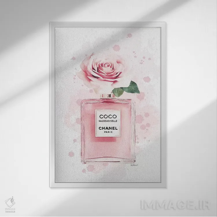 تابلو دکوراتیو گل رز روی عطر صورتی با پس زمینه نقاشی شده اثر آماندا گرینوود - نمای قابدار سفید