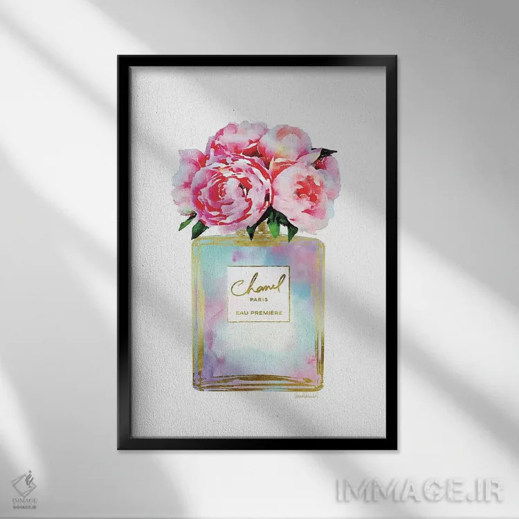 تابلو دکوراتیو Mint, Purple, And Pink Perfume With Peonies,عطر طلایی، ن… اثر آماندا گرینوود - نمای قابدار مشکی