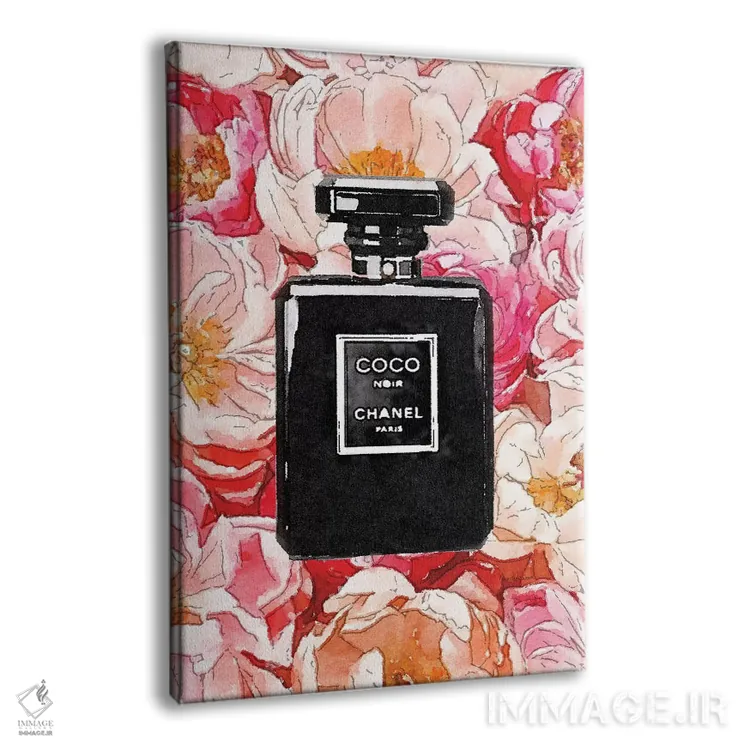 تابلو دکوراتیو بطری عطر مشکی روی بستری از گل صدتومانی اثر آماندا گرینوود - نمای پرسپکتیو محصول