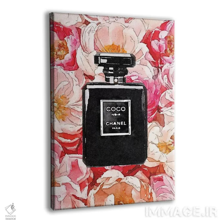 تابلو دکوراتیو بطری عطر مشکی روی بستری از گل صدتومانی اثر آماندا گرینوود - نمای پرسپکتیو محصول