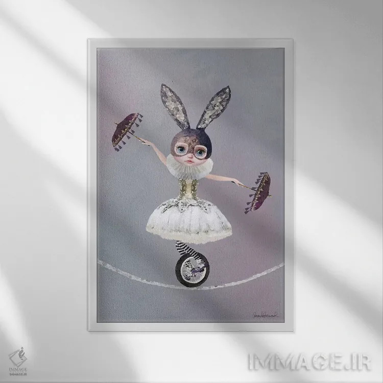 تابلو دکوراتیو خانم لیلی خرگوش در حال دوچرخه سواری تک چرخ روی طناب در س… اثر آماندا گرینوود - نمای قابدار سفید