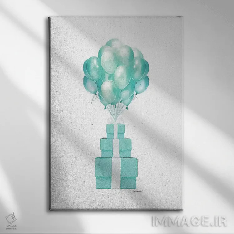 تابلو دکوراتیو Teal,بادکنک ها و جعبه های هدیه به رنگ فیروزه ای اثر آماندا گرینوود - نمای روبهرو روی دیوار