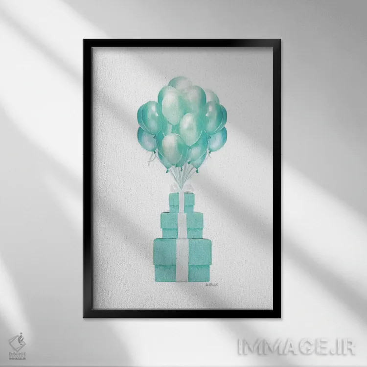 تابلو دکوراتیو Teal,بادکنک ها و جعبه های هدیه به رنگ فیروزه ای اثر آماندا گرینوود - نمای قابدار مشکی