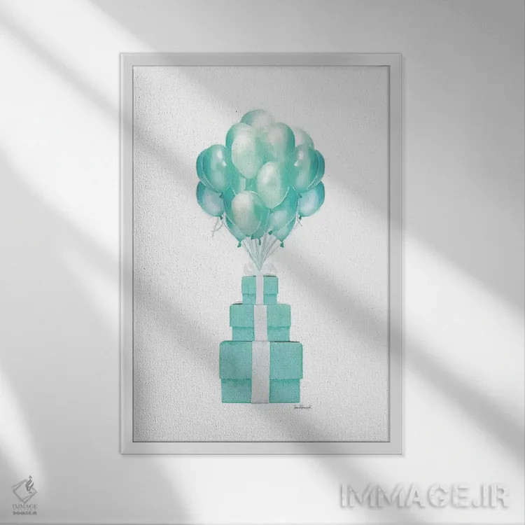 تابلو دکوراتیو Teal,بادکنک ها و جعبه های هدیه به رنگ فیروزه ای اثر آماندا گرینوود - نمای قابدار سفید