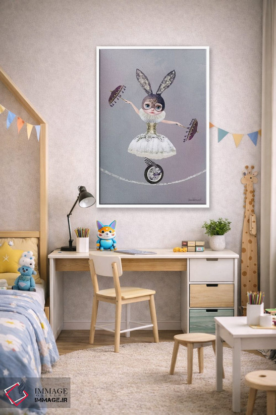 تابلو دکوراتیو خانم لیلی خرگوش در حال دوچرخه سواری تک چرخ روی طناب در س… اثر آماندا گرینوود - D1W